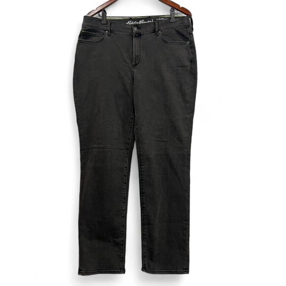 Eddie Bauer Jeans Women Size 14 Black Washed Slightly Curvy Slim Straight Denim - Picture 1 of 16